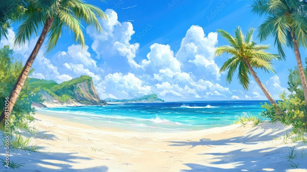 Vibrant beach panorama with palms, white sand, and crystal-clear water, perfect for summer vacation themes. Vibrant beach panorama with palms, white sand, and crystal-clear water, perfect for summer vacation themes.