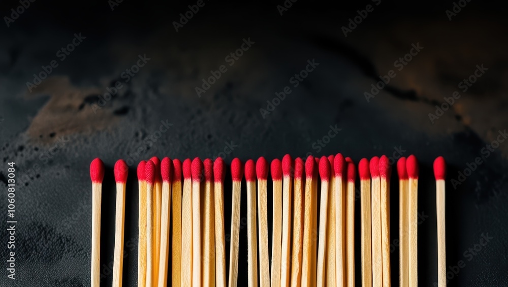 matches, red tips, wooden sticks, aligned, organized, dark background, macro photography, symmetry, repetition, fire hazard, flammable objects, striking surface, close-up, panoramic composition, minim matches, red tips, wooden sticks, aligned, organized, dark background, macro photography, symmetry, repetition, fire hazard, flammable objects, striking surface, close-up, panoramic composition, minim