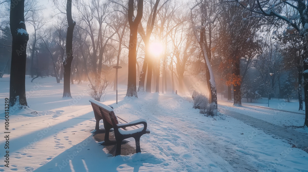 serene winter scene featuring snow covered bench in quiet park, illuminated by soft glow of sun peeking through trees. atmosphere is tranquil and peaceful, inviting reflection serene winter scene featuring snow covered bench in quiet park, illuminated by soft glow of sun peeking through trees. atmosphere is tranquil and peaceful, inviting reflection