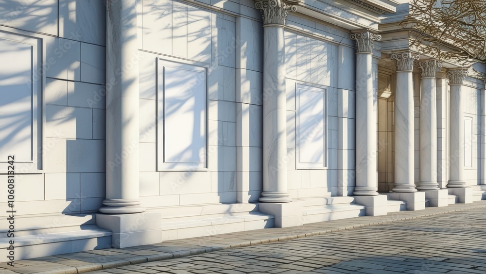 Classical architecture, grand columns, white marble facade, sunlit building exterior, dramatic shadows, ornate architectural details, neoclassical design, imposing structure, blue sky with clouds, sto Classical architecture, grand columns, white marble facade, sunlit building exterior, dramatic shadows, ornate architectural details, neoclassical design, imposing structure, blue sky with clouds, sto