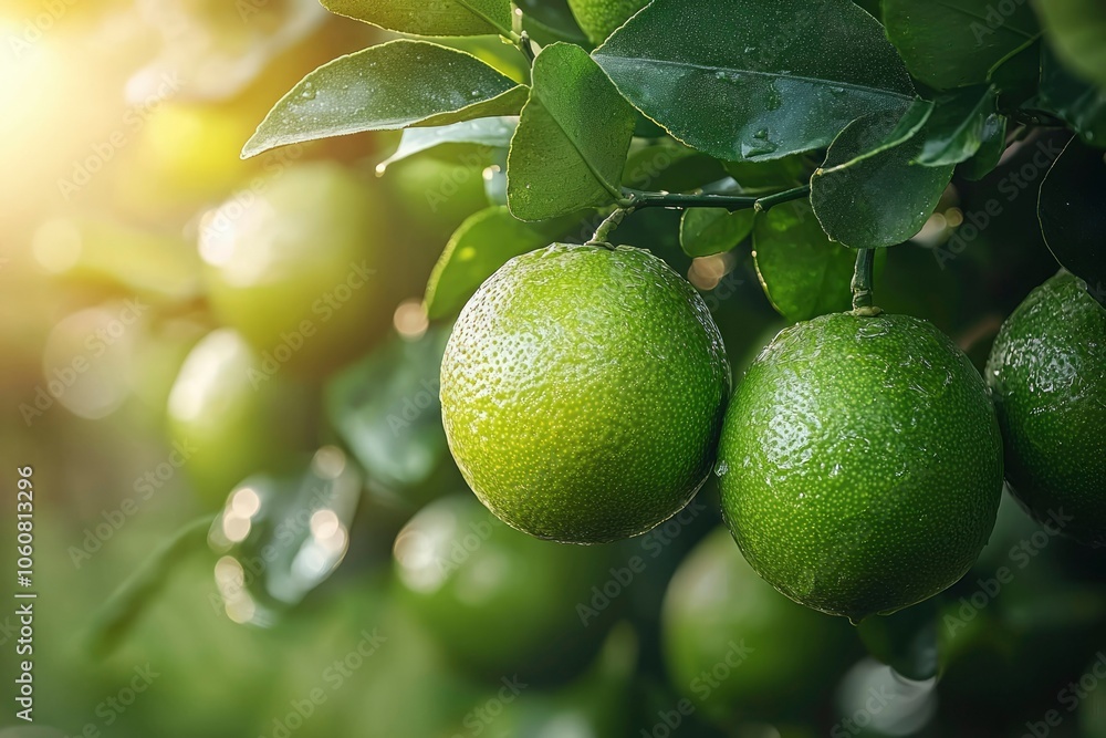 Ripe Green Limes Hanging From a Branch in Sunlight Ripe Green Limes Hanging From a Branch in Sunlight