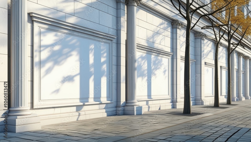 Classical architecture, grand columns, white marble facade, sunlit building exterior, dramatic shadows, ornate architectural details, neoclassical design, imposing structure, blue sky with clouds, sto Classical architecture, grand columns, white marble facade, sunlit building exterior, dramatic shadows, ornate architectural details, neoclassical design, imposing structure, blue sky with clouds, sto