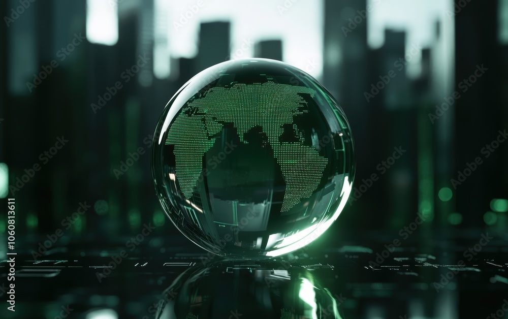Eco-friendly world concept with glass globe, digital nodes, and city backdrop, ideal for themes of sustainable urban development and green tech Eco-friendly world concept with glass globe, digital nodes, and city backdrop, ideal for themes of sustainable urban development and green tech