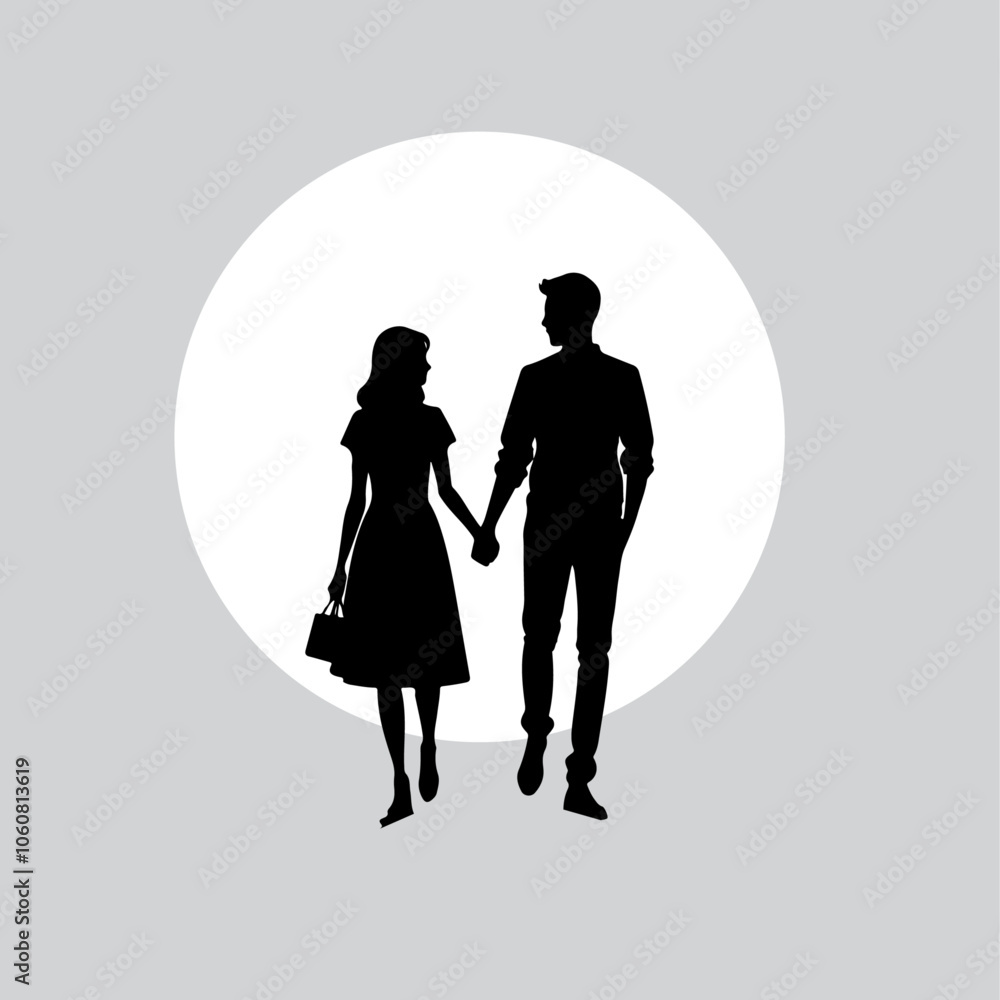 Silhouette of a Couple Holding Hands Under a Full Moon. Silhouette of a Couple Holding Hands Under a Full Moon.