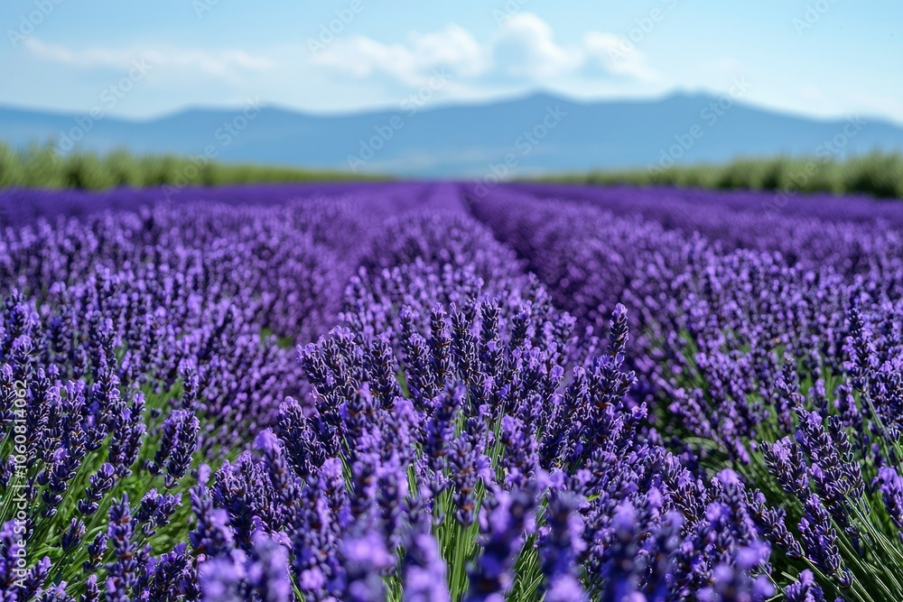 Naklejka premium A Field of Lavender Blossoms in Full Bloom with Mountains in the Distance