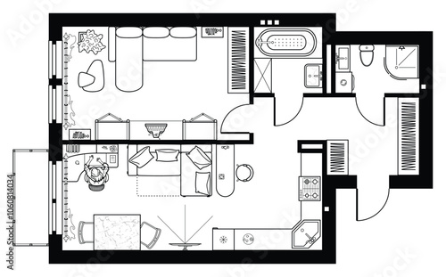 Floor plan, furniture arrangement in top view. Architectural set of furniture thin line icons. Detailed project of kitchen, living room and bathroom in above. Interior of two room apartment. Vector 