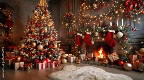 Wallpaper Mural beautifully decorated Christmas scene featuring festive tree adorned with oversized ornaments, surrounded by gifts and cozy fireplace. warm glow of lights creates joyful atmosphere Torontodigital.ca