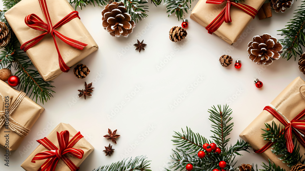 A Christmas composition with gifts, fir tree branches, and red decorations on a white background, capturing the festive spirit. A Christmas composition with gifts, fir tree branches, and red decorations on a white background, capturing the festive spirit.