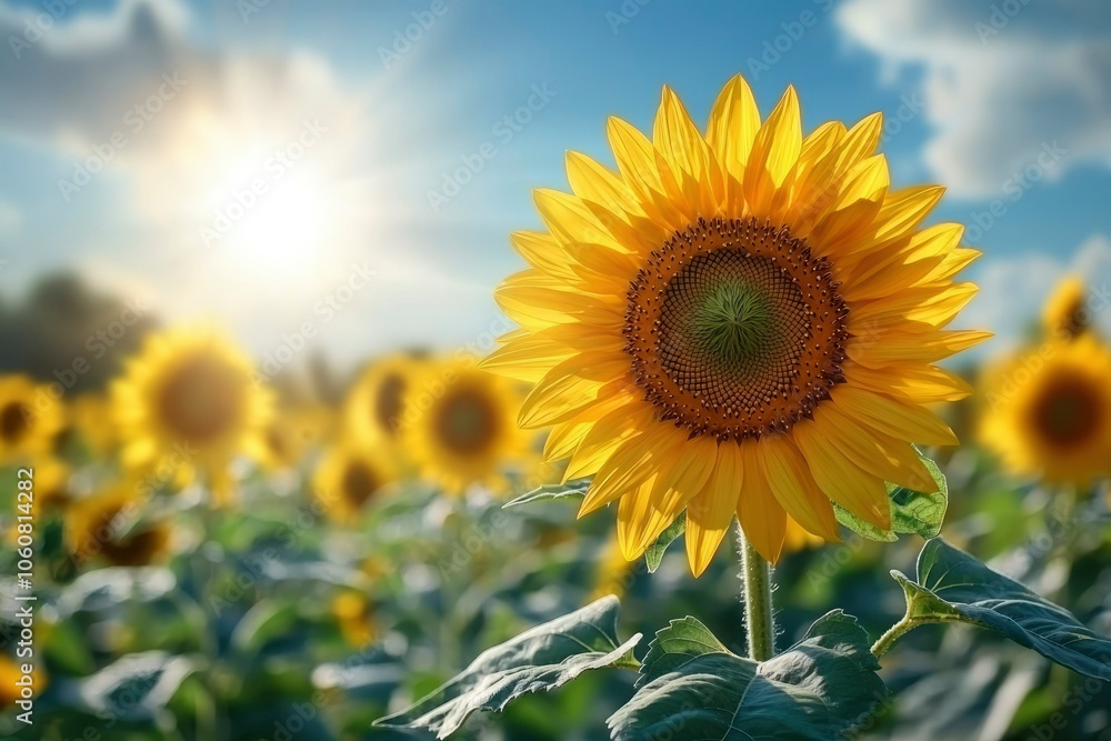 A Single Sunflower in a Field of Sunflowers under a Sunny Sky A Single Sunflower in a Field of Sunflowers under a Sunny Sky