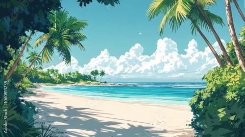 White sand beach with coconut palms and a serene blue ocean, perfect for a tropical escape banner.