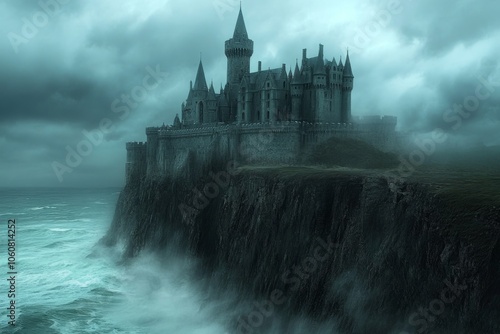 Medieval castle overlooking stormy sea on cloudy day