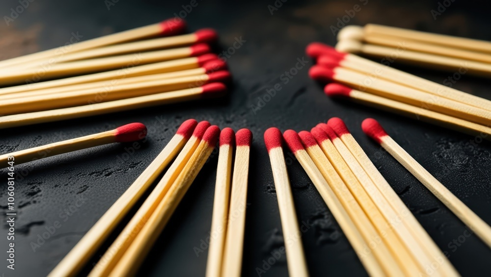 matches, red tips, wooden sticks, aligned, organized, dark background, macro photography, symmetry, repetition, fire hazard, flammable objects, striking surface, close-up, panoramic composition, minim