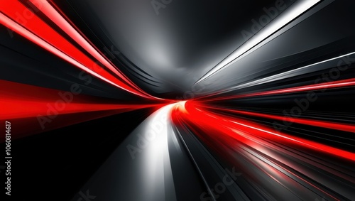 abstract tunnel, red and white light streaks, motion blur, high contrast, dynamic perspective, futuristic, digital art, sleek design, speed effect, black background, converging lines, sci-fi aesthetic