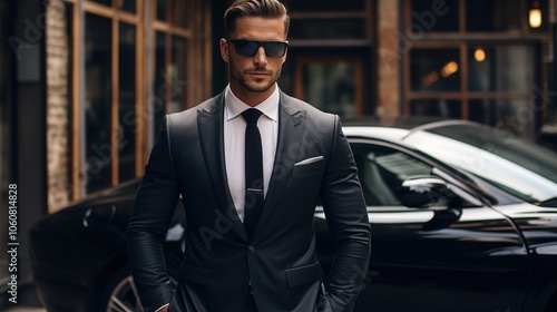 Stylish man in sunglasses poses confidently next to luxury car