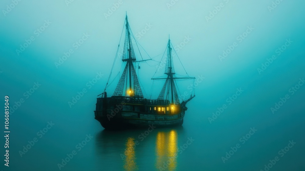 Ghostly Pirate Ship Sailing Through Ethereal Mist Ghostly Pirate Ship Sailing Through Ethereal Mist