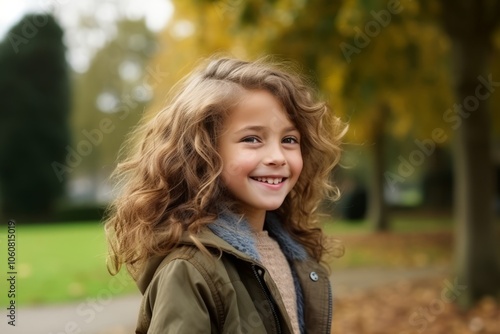 Portrait of a cute little girl in the autumn park. Outdoor.