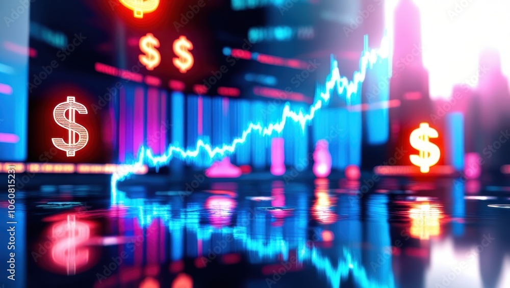 Futuristic cityscape, neon lights, floating dollar signs, reflective surfaces, cyberpunk aesthetic, vibrant colors, blue and pink hues, glowing symbols, digital currency, financial district, 3D render Futuristic cityscape, neon lights, floating dollar signs, reflective surfaces, cyberpunk aesthetic, vibrant colors, blue and pink hues, glowing symbols, digital currency, financial district, 3D render