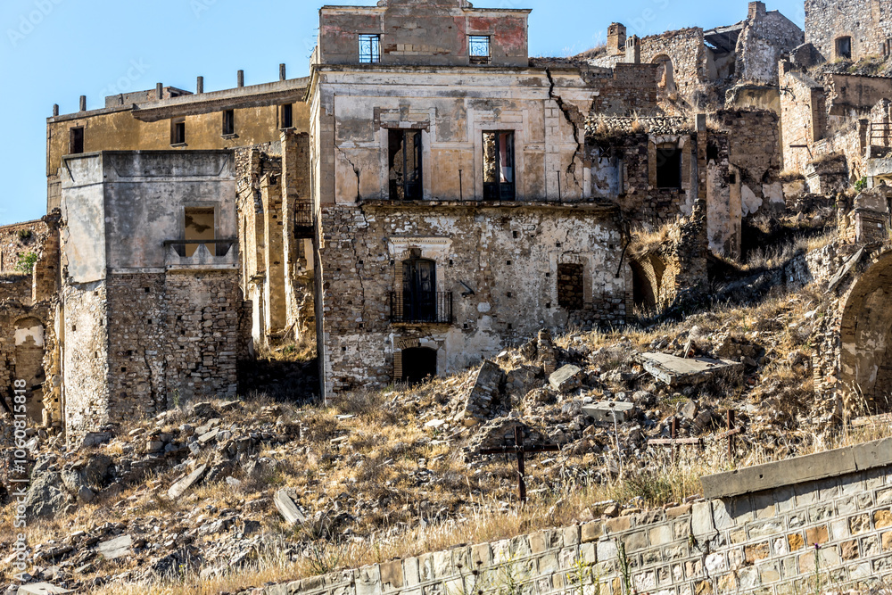 Abandoned ruins of the ghost town of Craco. A city abandoned due to an earthquake in the late 20th century. Province of Matera, Basilicata, Italy