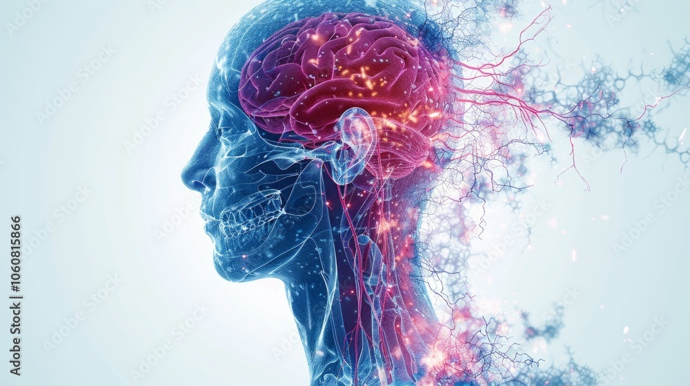 A transparent head silhouette with detailed brain showing neurons and nerve cells on a blue background, depicting the complexity of the human nervous system. A transparent head silhouette with detailed brain showing neurons and nerve cells on a blue background, depicting the complexity of the human nervous system.