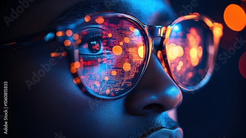Close-up of an African American man wearing glasses with digital code and data visualizations reflected in the lenses