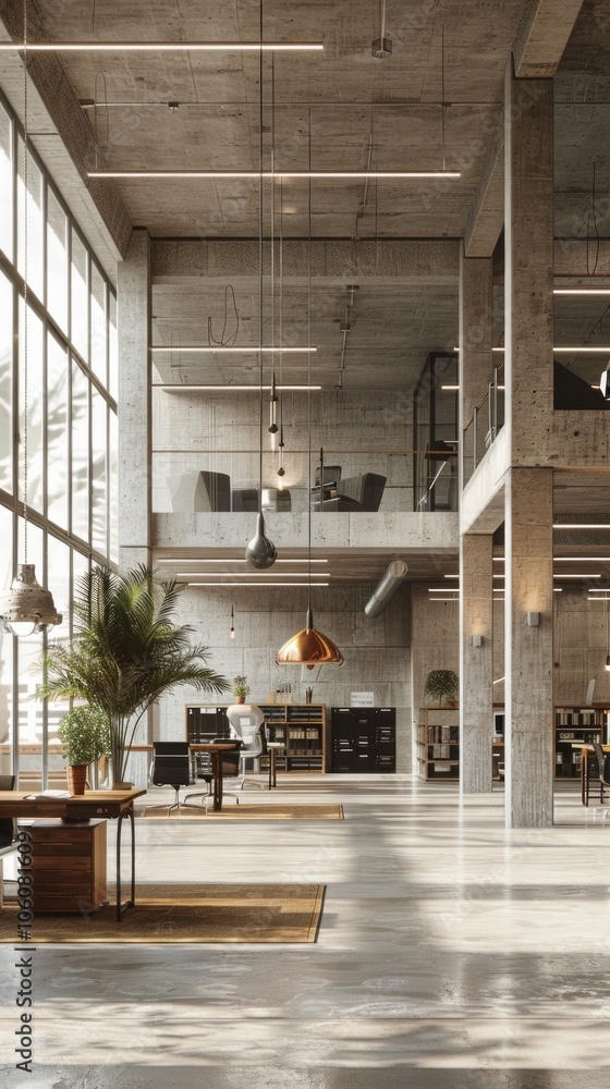 Φωτογραφία Summary: Industrial office space with natural light, concrete walls, potted plants, wooden table, bookshelves, and large tiles, creating a functional and aesthetic workspace