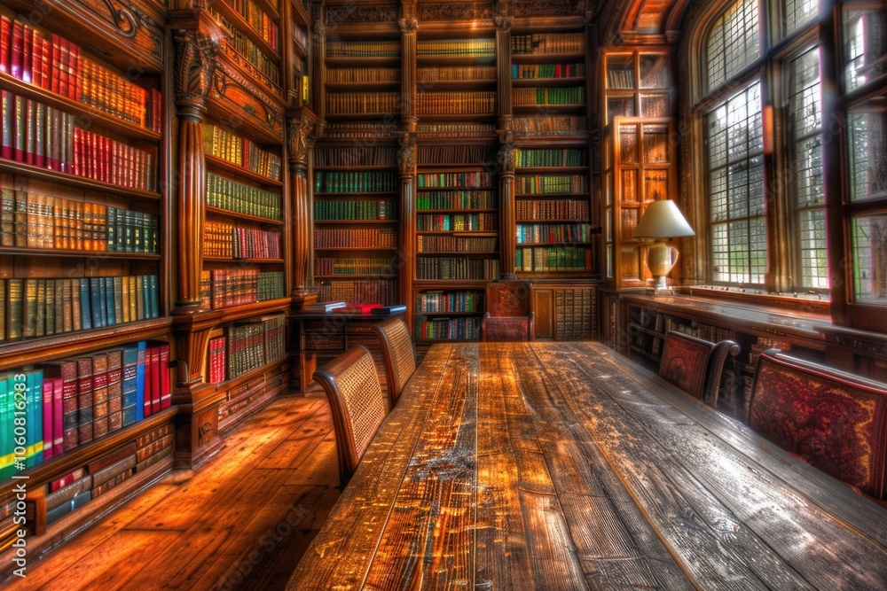 Study area with wooden table and bookshelves, suitable for academic or research purposes Study area with wooden table and bookshelves, suitable for academic or research purposes