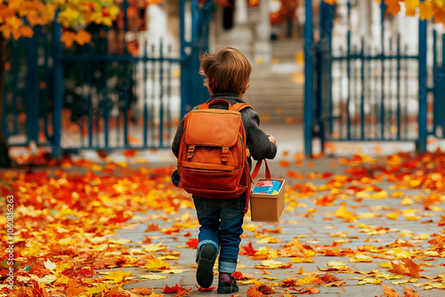 A first grade boy walks through the school gates with a school bag and a box of supplies on the first day of school. photo