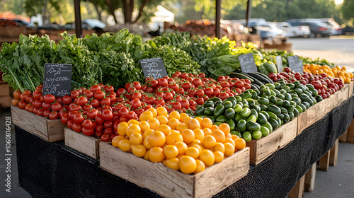 Fresh Produce Displayed at a Vibrant Farmers Market Stand with Colorful Vegetables and Fruits 