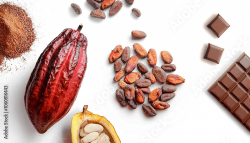 Creative layout made of cacao fruit, cacao beans, cacao nibs and powder on white background. Flat lay. Food concept. Macro  concept.