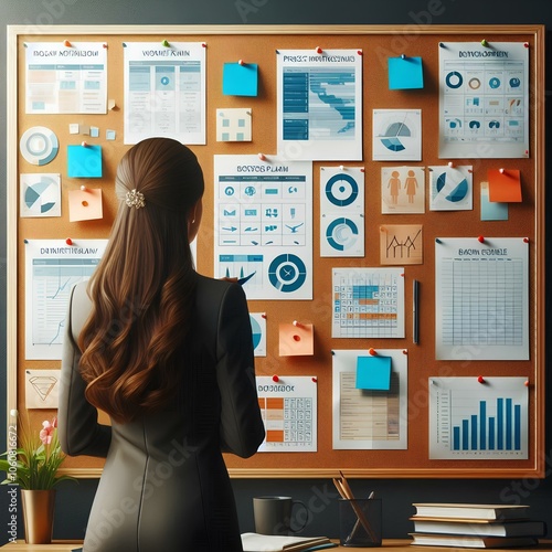 Rear back view of businesswoman looking at bulletin board with business information. Workflow strategy plan development, project methodology scheme, sticker note papers.