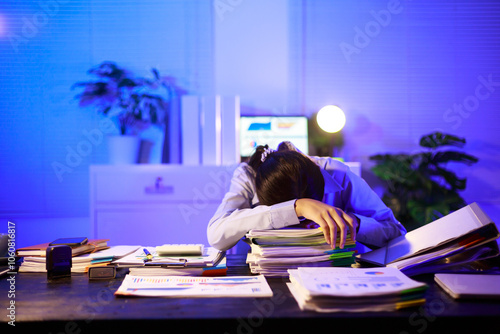 Asian woman diligently works overtime, managing a heavy workload with focus and determination. Despite the challenges, her commitment shines through as she strives  and meets her deadlines.