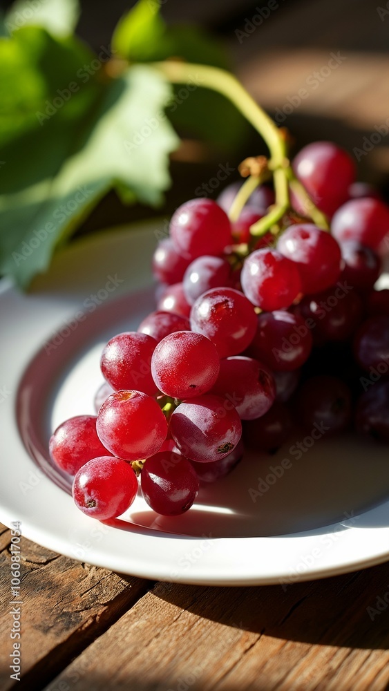 Fresh Red Grapes on White Plate in Sunlight, Close-Up Food Photograph Fresh Red Grapes on White Plate in Sunlight, Close-Up Food Photograph