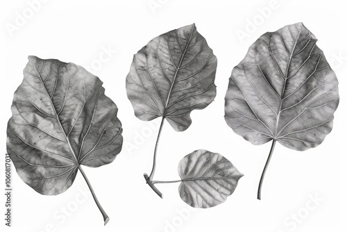 A close-up of three leaves in monochrome tones photo