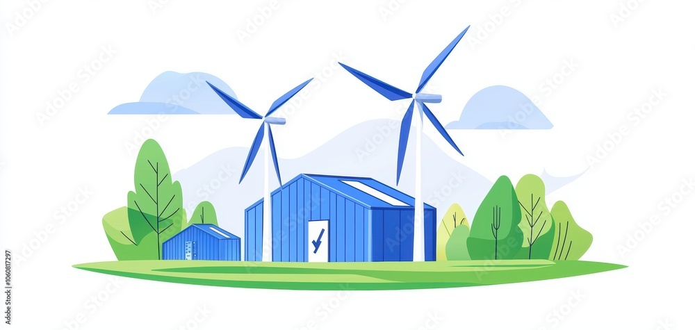 Naklejka premium Clean energy landscape with wind turbines and battery storage units, representing green technology and renewable power innovation