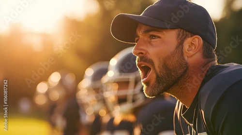 A football coach shouting instructions from the sidelines during a tense moment