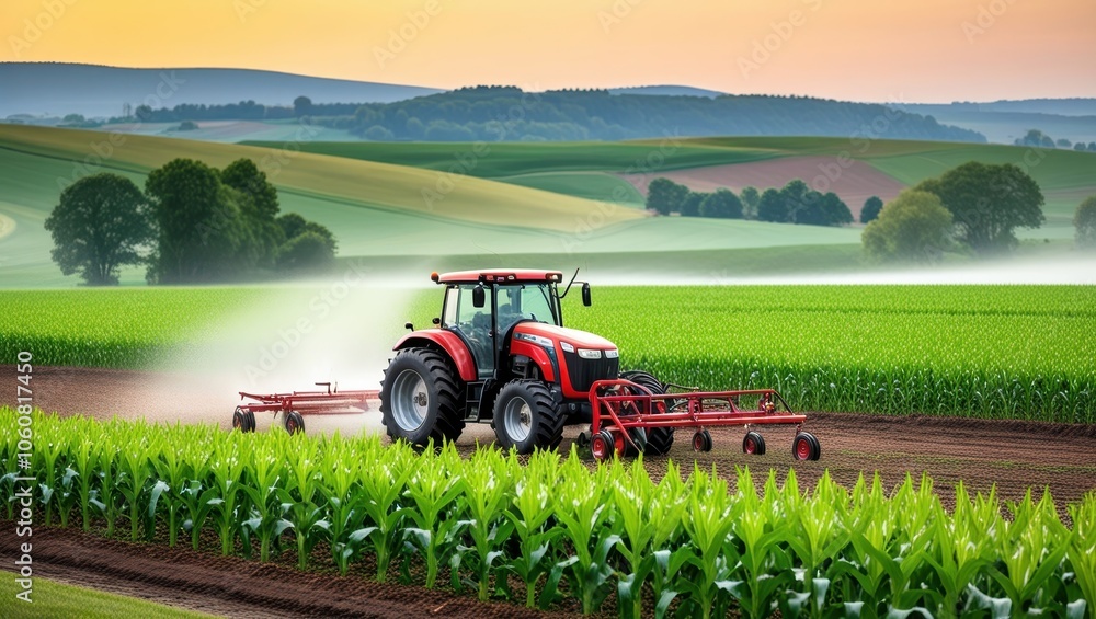 Vibrant red tractor in lush green field, expansive rural landscape, rolling hills, misty morning atmosphere, golden sunrise, precision farming, agricultural machinery, corn rows, fertile soil, idyllic Vibrant red tractor in lush green field, expansive rural landscape, rolling hills, misty morning atmosphere, golden sunrise, precision farming, agricultural machinery, corn rows, fertile soil, idyllic