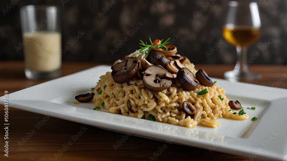 Rich risotto with mushroom blend, food in italian meal and dish style, dinner on plate with rice, gourmet through lunch cuisine. Rich risotto with mushroom blend, food in italian meal and dish style, dinner on plate with rice, gourmet through lunch cuisine.