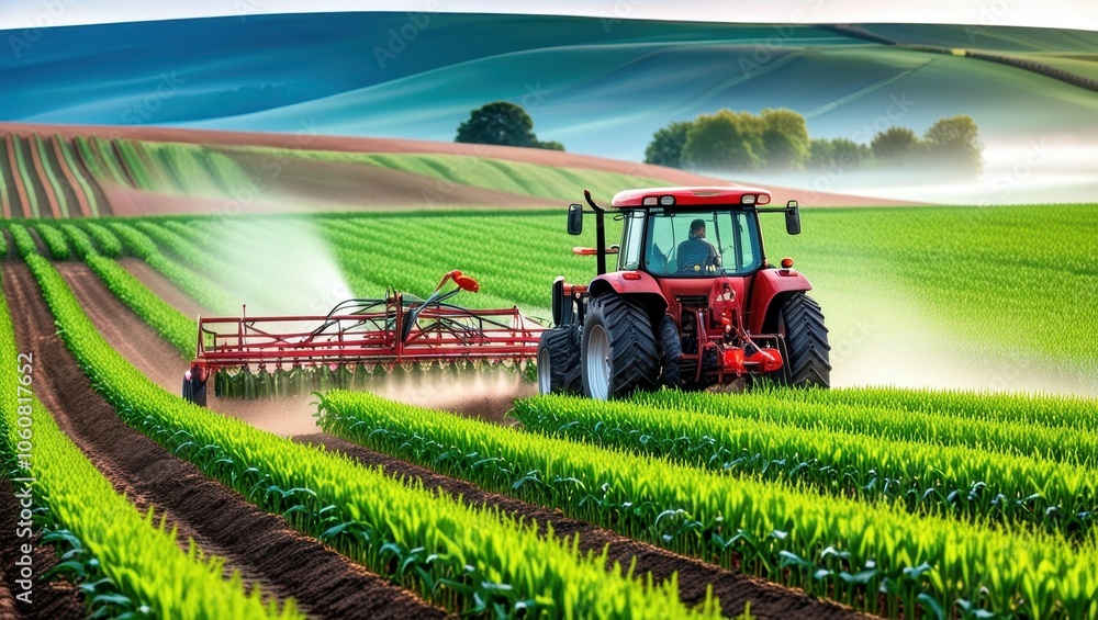 Obraz premium Vibrant red tractor in lush green field, expansive rural landscape, rolling hills, misty morning atmosphere, golden sunrise, precision farming, agricultural machinery, corn rows, fertile soil, idyllic