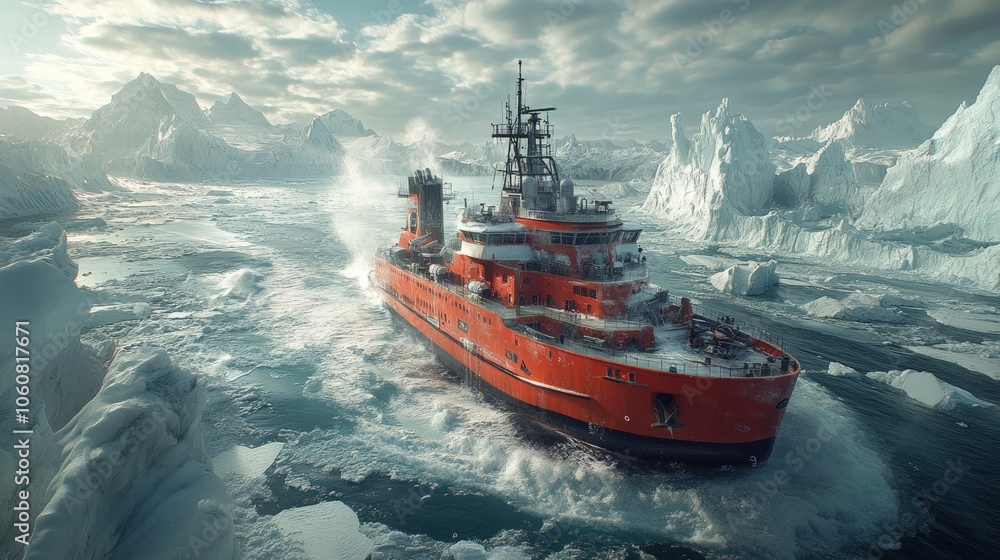 Obraz premium A red ship sails through icy waters, surrounded by towering icebergs.