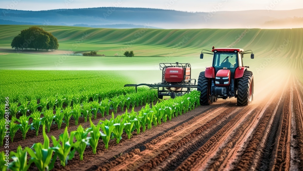 Vibrant red tractor in lush green field, expansive rural landscape, rolling hills, misty morning atmosphere, golden sunrise, precision farming, agricultural machinery, corn rows, fertile soil, idyllic Vibrant red tractor in lush green field, expansive rural landscape, rolling hills, misty morning atmosphere, golden sunrise, precision farming, agricultural machinery, corn rows, fertile soil, idyllic