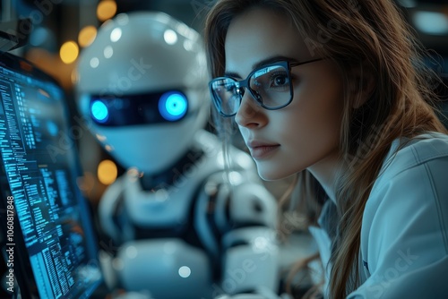 Humanoid robot and person working together in high-tech lab.