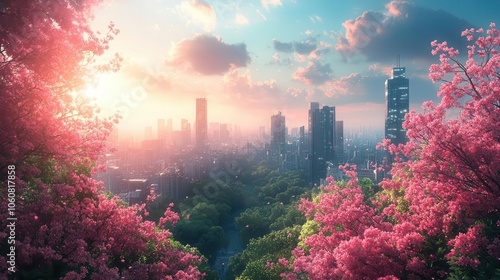 ecofriendly city of the future merging towering skyscrapers with lush greenery showcasing harmony between urban living and nature surrounded by a bright blue sky and vibrant flowers