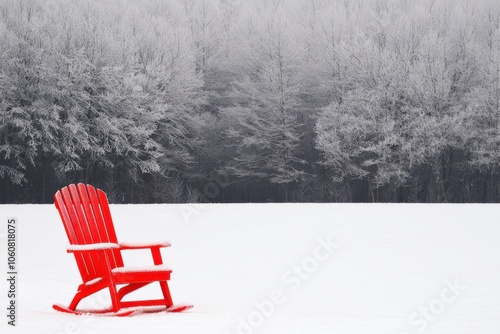 Red Adirondack chair on white snow, surrounded by a frosty forest.