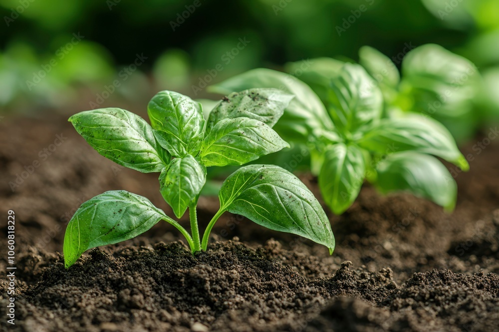 Close-up of a Young Basil Plant Emerging from the Soil Close-up of a Young Basil Plant Emerging from the Soil