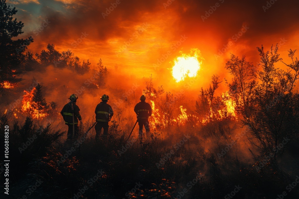 Fototapeta premium firefighters in the forest. a lot of smoke and fire