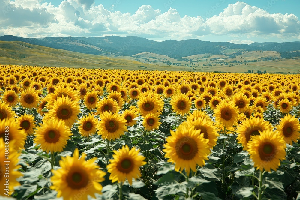 Obraz premium A Vast Field of Sunflowers Stretching Towards Distant Mountains