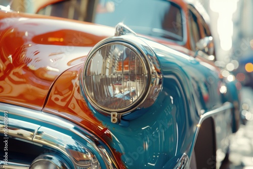 A close-up shot of a car's headlight on a busy city street