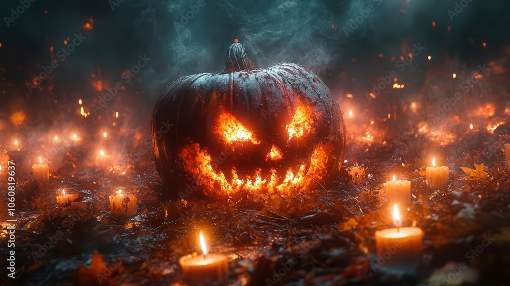 Naklejka premium eerie halloween scene featuring a spooky pumpkin surrounded by flickering candles and dry leaves creating a haunting atmosphere of mystery