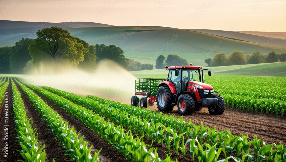 Vibrant red tractor in lush green field, expansive rural landscape, rolling hills, misty morning atmosphere, golden sunrise, precision farming, agricultural machinery, corn rows, fertile soil, idyllic Vibrant red tractor in lush green field, expansive rural landscape, rolling hills, misty morning atmosphere, golden sunrise, precision farming, agricultural machinery, corn rows, fertile soil, idyllic