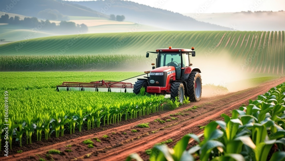 Fototapeta premium Vibrant red tractor in lush green field, expansive rural landscape, rolling hills, misty morning atmosphere, golden sunrise, precision farming, agricultural machinery, corn rows, fertile soil, idyllic